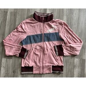 Puma Girls Pink & White Blue Denim Strip  Jacket‎ Size Medium Pockets Full Zip